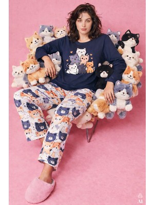Kadın Gri Pamuklu Kedili Örme Pijama Takımı