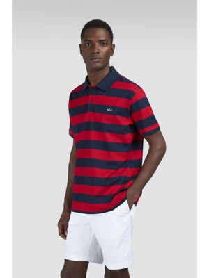 Paul & Shark Erkek Normal Kesim Çizgili Logo Işlemeli Pamuklu Kısa Kollu Lacivert-Kırmızı Polo Yaka T-Shirt 99311002AA-142