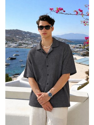 Damga Erkek Yazlık Kısa Kollu Siyah Keten Gömlek