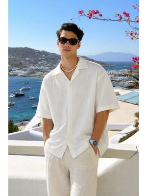 Damga Erkek Yazlık Kısa Kollu Beyaz Keten Gömlek
