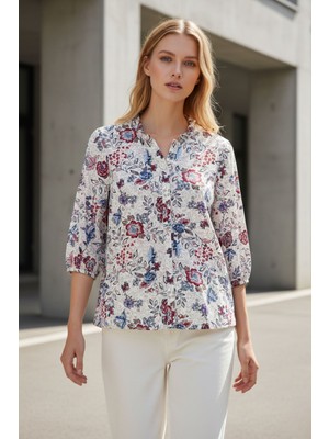 Lupinn Kadın Çok Renkli Çiçek Desenli Keten Karışımlı Fırfır Yaka Truvakar Gömlek