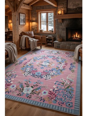 Kilim Home Pembe Çiçek Çelengi Turna Kuşlu Vintage Halı - Bohem Bahar Dokunuşu