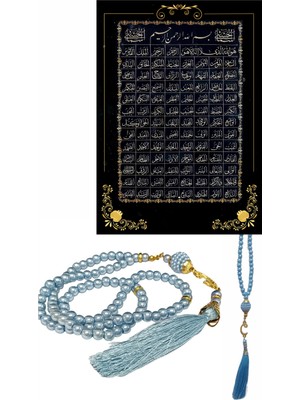 Hsc Bilişim Namaz Tesbihi Vavlı 99'lu Cam Incili Esma'ul Hüsna Dua Kartı Ile Mavi Renk Hediyelik