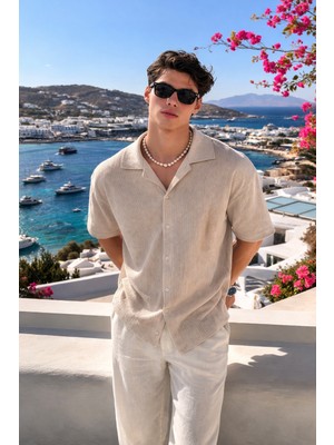 Damga Erkek Yazlık Kısa Kollu Krem Keten Gömlek