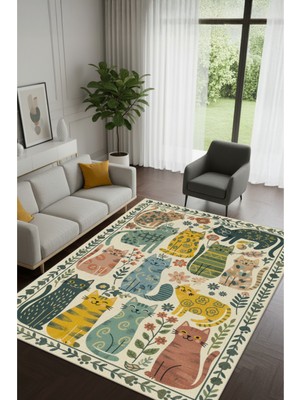 The Reef Design The Reef Etnik Desenli Kedili Renkli Halı Dijital Baskılı Dokuma Kaymaz Tabanlı Yıkanır Çalışma Odası Halısı