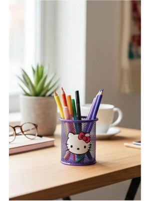 Ada Çanta Kırtasiye Hello Kitty Figürlü Masa Üstü Metal Yuvarlak Model Şık Tasarım Kalemlik Mor AD44130