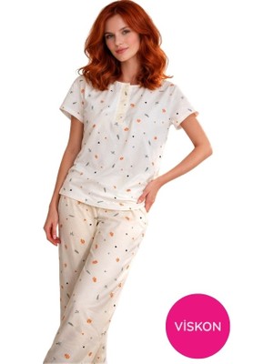 Seamlife Kadın Beyaz Desenli Düğmeli Bisiklet Yaka Kısa Kol Slim Fit Yazlık Homewear Pijama Takımı