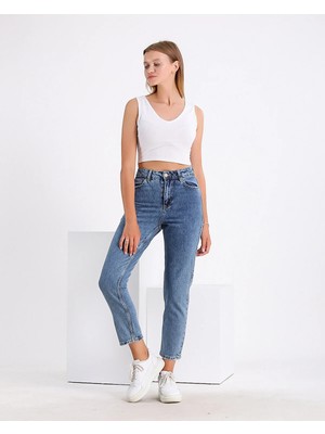 Kadın Yüksek Bel Power Likralı Mom Jean