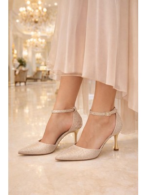 ModaOnn Kadın Abiye Sivri Burun Bilekten Kemerli Topuklu Ayakkabı
