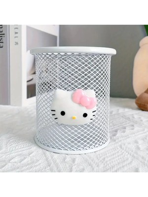 Ada Çanta Kırtasiye Hello Kitty Figürlü Masa Üstü Metal Yuvarlak Model Kalemlik Beyaz HK12223