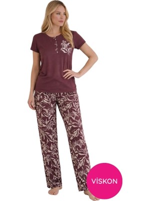 Bie's Kadın Mürdüm Çiçek Desenli Düğmeli Bisiklet Yaka Kısa Kol Slim Fit Yazlık Homewear Pijama Takımı