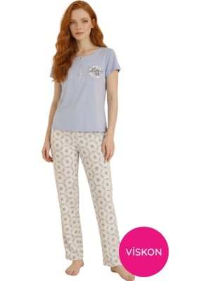 Seamlife Kadın Mavi Çiçek Desenli Düğmeli Bisiklet Yaka Kısa Kol Slim Fit Yazlık Homewear Pijama Takımı