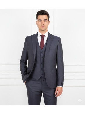 Fabio Cassel Slim Fit  Mono Yaka Çift Yırtmaçlı Astarlı Takım Elbise Yelekli