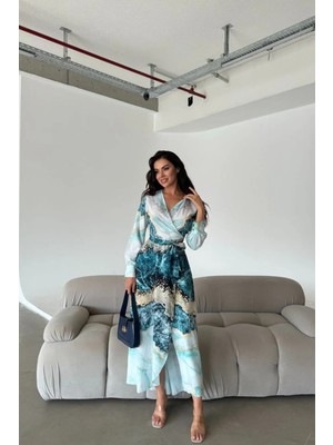 Hiccup Kadın Msn Desenli Uzun Kollu Bağlama Detaylı Maksi Elbise Yeşil