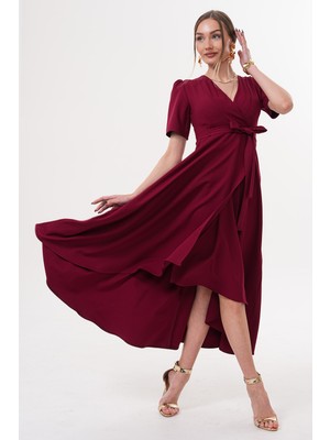 Ruris Bordo Kruvaze Yaka Asimetrik Kesim Sarmal Etek Kısa Kollu Kuşaklı Midi Boy Abiye Mezuniyet Elbisesi