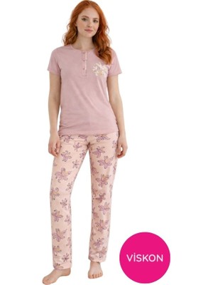 Seamlife Kadın Pembe Çiçek Desenli Düğmeli Bisiklet Yaka Kısa Kol Slim Fit Yazlık Homewear Pijama Takımı
