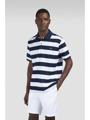 Paul & Shark Erkek Normal Kesim Çizgili Logo Işlemeli Pamuklu Kısa Kollu Lacivert-Beyaz Polo Yaka T-Shirt 99311002A-139