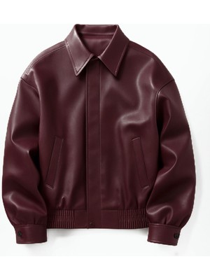 Çerme Oversize Unisex Vintage Bordo Deri Ceket Orta Kalınlık İmitasyon Deri Kolej Yaka