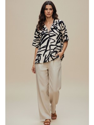Lupinn Kadın Siyah Bej Desenli Oversize Kısa Kollu Gömlek ,rahat Kesim Yazlık Gömlek