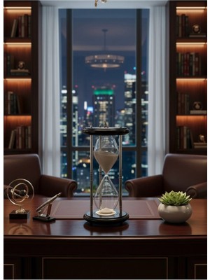 Evle Dev Boy Güneş Saatli Kum Saati 31.5 cm Lüks Masaüstü Hediyelik Siyah Gümüş Modern Ofis Aksesuarı