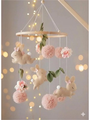 Müziksiz El Yapımı Keçe Bebek Dönencesi - Ahşap Beşik Süsü ve Uyku Arkadaşı Doğum Hediyesi Anne Yanı