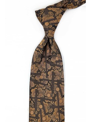 Kravatkolik Altın - Kahve Motif Desen Mendilli Klasik Kravat KK13307