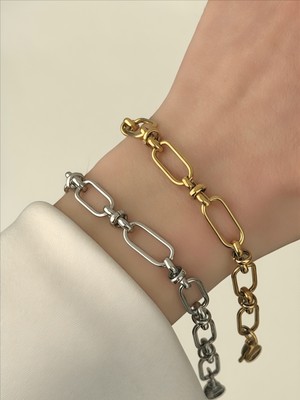 Qa Quella Accessories Çelik Figaro  Gümüş & Gold 14K Altın Kaplama Gold Bileklik 17+5 cm  - Gold