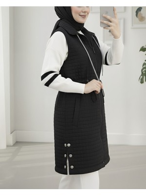 Modamorfo Yakası Bağcıklı Beli Lastikli Cepli Kapitone Yelek -Siyah