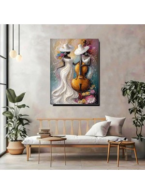 Artprinta Zarafet ve Müziğin Buluşması – Şapkalı Kadınlar & Kontrbas Kanvas Tablo