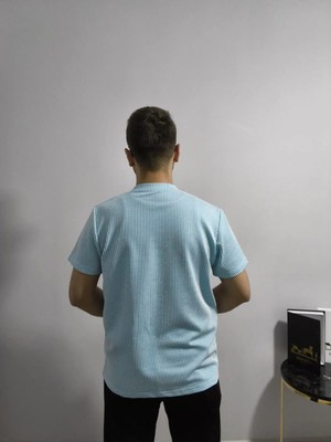 Ross Moda Erkek Rahat Kalıp Mavi Beyaz Su Yolu Kumaş Basic Bisiklet Yaka T-Shirt