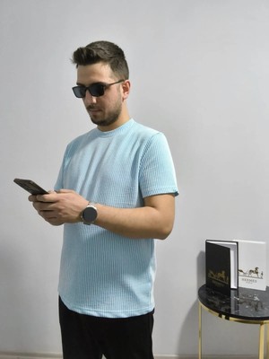 Ross Moda Erkek Rahat Kalıp Mavi Beyaz Su Yolu Kumaş Basic Bisiklet Yaka T-Shirt