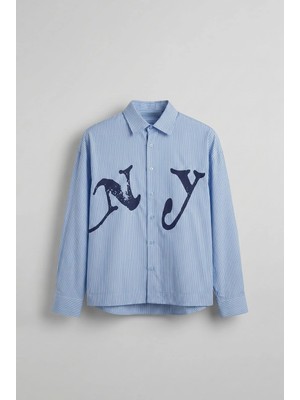 Erkek Oversize Çizgili Baskılı Gömlek Mavi