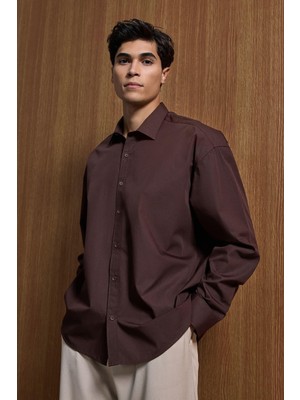 Abluka Online Erkek Oversize Uzun Kollu Basic Gömlek Kahverengi