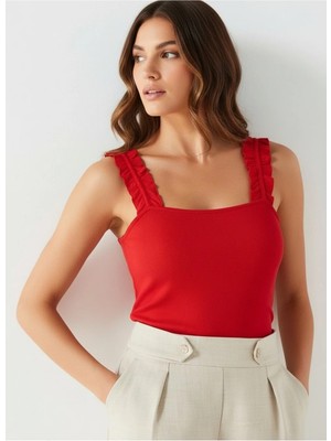 Merlot Kare Yaka Fırfır Detaylı Ribana Bluz Kırmızı