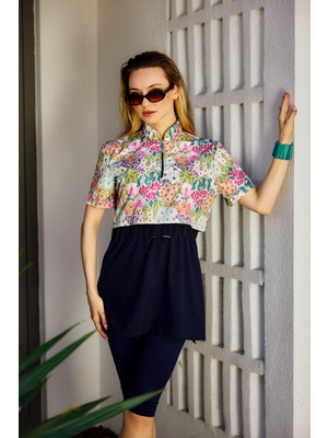 Remsa Mayo Önü Kapaklı Kısa Kollu Yarı Kapalı Tesettür Mayo Lacivert R5300 Patara