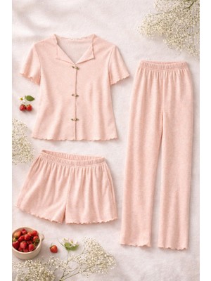 Koza İç Giyim Kadın Pamuklu 3'lü Yeşil Fiyonklu Kaşkorse Pijama Takımı