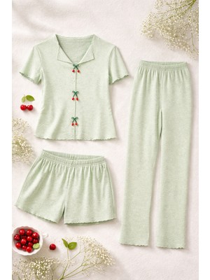 Kadın Pamuklu 3'lü Yeşil Fiyonklu Kaşkorse Pijama Takımı