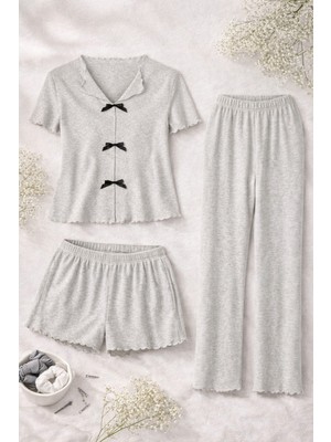 Koza İç Giyim Kadın Pamuklu 3'lü Yeşil Fiyonklu Kaşkorse Pijama Takımı