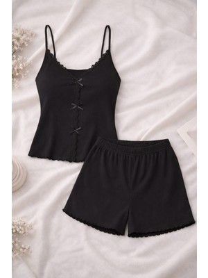 Kadın Ince Askılı Dantelli Fiyonklu Pamuklu Şortlu Pijama Takımı
