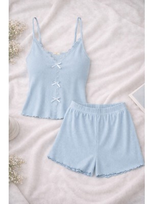 Kadın Ince Askılı Dantelli Fiyonklu Pamuklu Şortlu Pijama Takımı