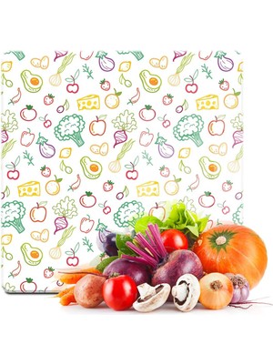 Feyza Design Kare Cam Kesme ve Sunum Tahtası, Meyve ve Sebze Desenli 30X30CM