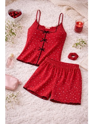 Koza İç Giyim Kadın İnce Askılı Fiyonklu Pamuklu Şortlu Pijama Takımı