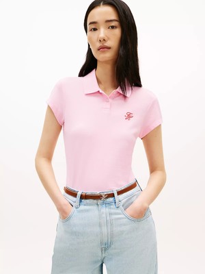 Tommy Hilfiger Kadın Slim Fit Göğsünde Logo Işlemeli Pamuklu Kısa Kollu Pembe Polo Yaka T-Shirt WW0WW49259-TOL