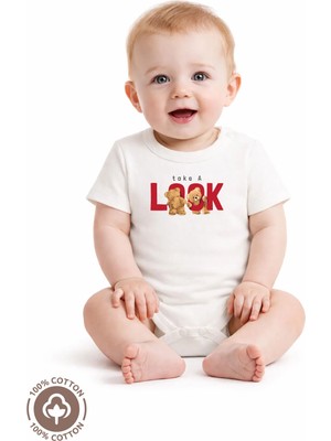 Miniel Unisex Özel Tasarım Organik Pamuklu Look Ayıcık Baskılı 3-6-9-12 Ay Bebek Body Ekru Badi Zıbın