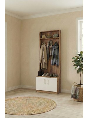 İNDEPPO Loft Portmanto Askılı 2 Kapaklı (Ceviz - Beyaz)