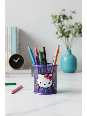 Ada Çanta Kırtasiye Hello Kitty Figürlü Masa Üstü Metal Yuvarlak Model Şık Tasarım Kalemlik Mor AD44127