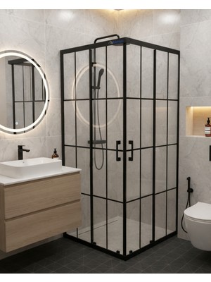 Db Banyo Dbbanyo Deniz Seri Köşe Giriş Duşakabin 5 mm Siyah Çizgili Temperli Cam Siyah Profil H:190 cm 2S2H
