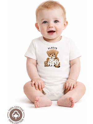 Miniel Unisex Organik %100 Pamuklu Happy Teddy Bear Baskılı 3-6-9-12 Ay Bebek Body Ekru Badi Zıbın