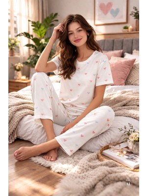 Kadın Kalp Desenli Kısa Kollu Pijama Takımı