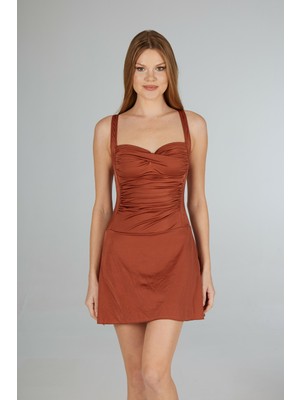 Estiva Kadın Tarçın Elbiseli Drapeli Tek Parça Mayo